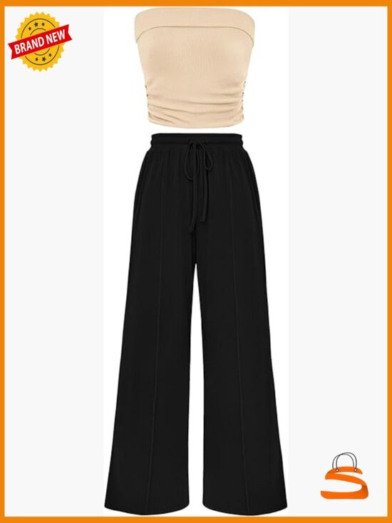 Pants - 2 Piece Ribbed Knit Crop Top Wide Leg Pants Lounge Set